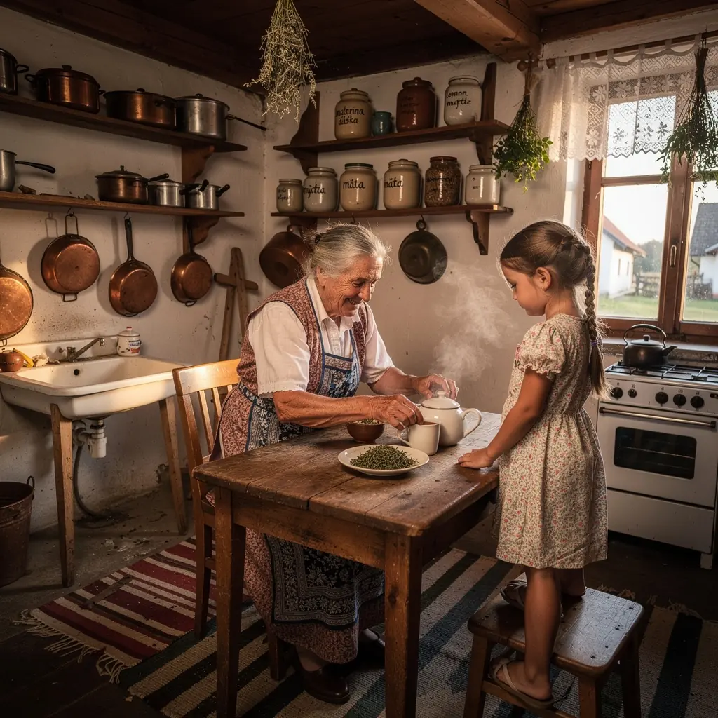 Šálka čaju z citrónového myrtu s plátkom citróna na okraji.
