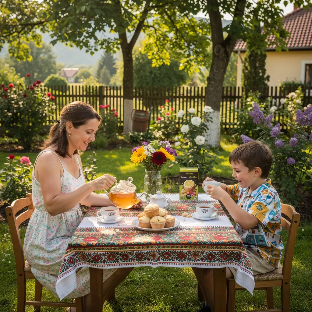 Čaj z citrónového myrtu v šálke s čerstvými bylinkami.